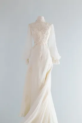 1970's Ivory Vintage Edwardian Style Wedding Dress With Bishop Sleeves / Medium