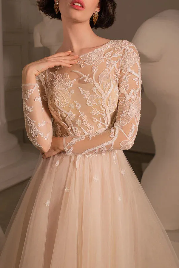 A-line illusion neckline lace embroidery long sleeved bohemian style wedding dress