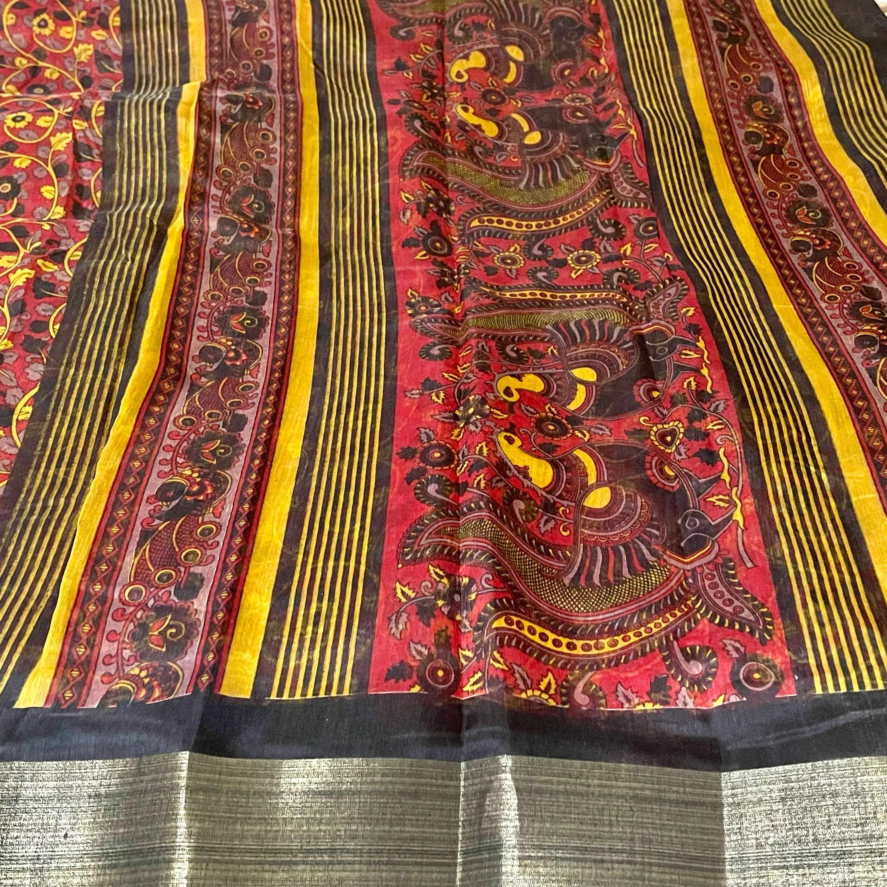 Black & Red Soft Jute Cotton Kalamkari Saree with Stitched Blouse