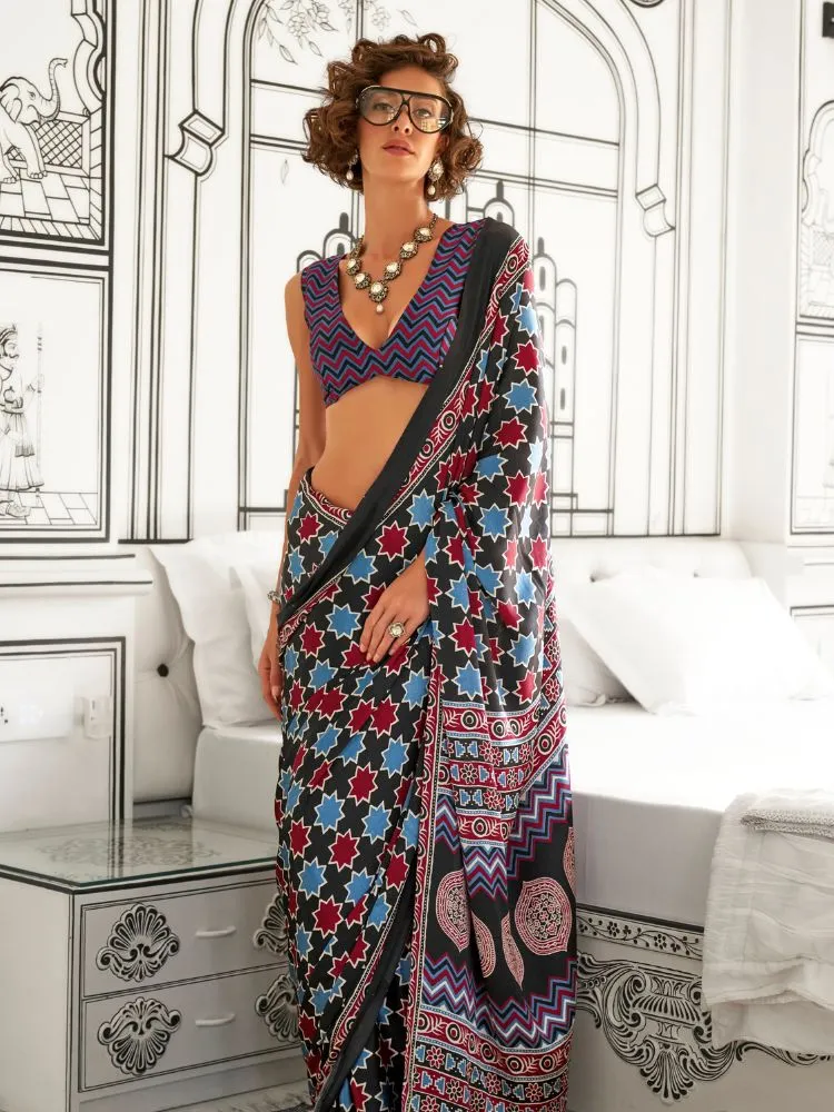 Blue Printed Satin Crepe Saree