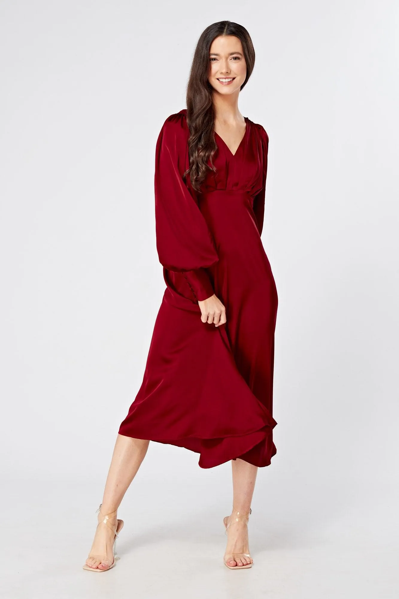 Nora Deep Red Satin Midi Dress With Long Sleeves