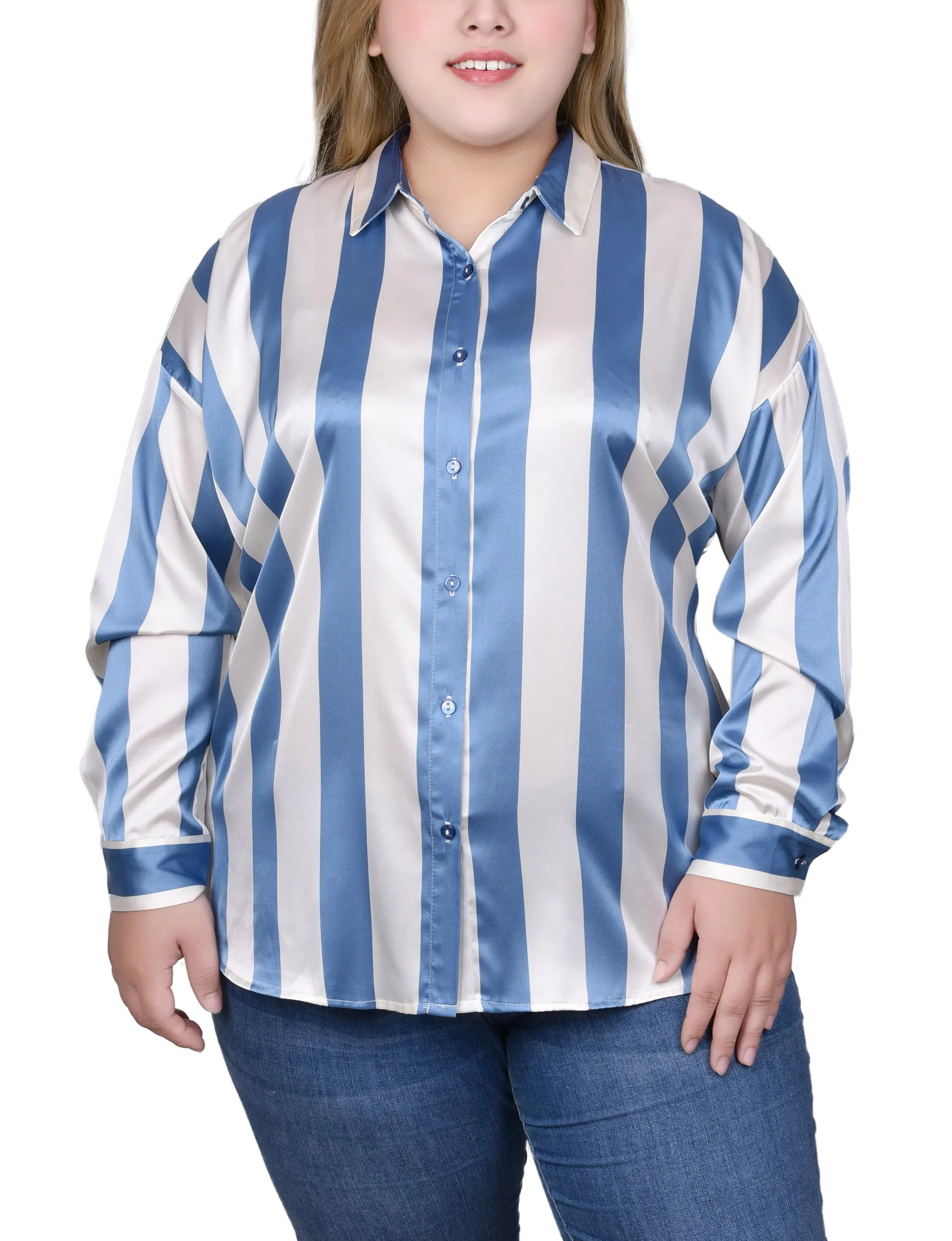 Plus Size Long Sleeve Striped Satin Blouse